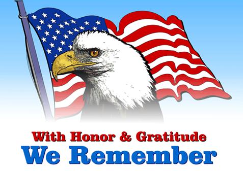 with honor and gratitude we remember memorial day, bald eagle and american flag