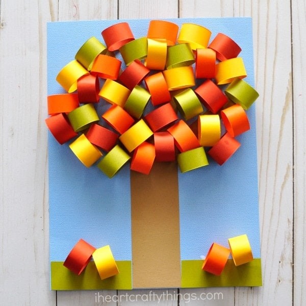 construction paper tree with colorful fall leaves made of rings of paper