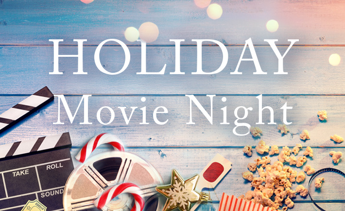 holiday movie night; popcorn, film, and a movie clapboard