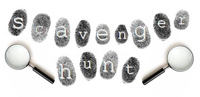 two magnifying glasses and a group of fingerprints with the letters for scavenger hunt on them