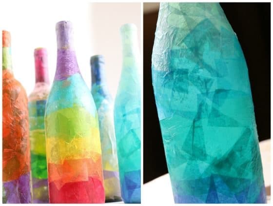 wine bottles colorfully decoupaged with tissue paper