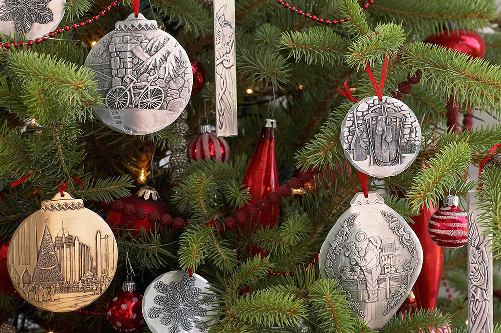 ornaments hanging on a Christmas tree