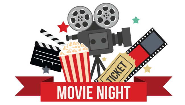 movie night; popcorn, a camera and film, tickets, and a clapboard