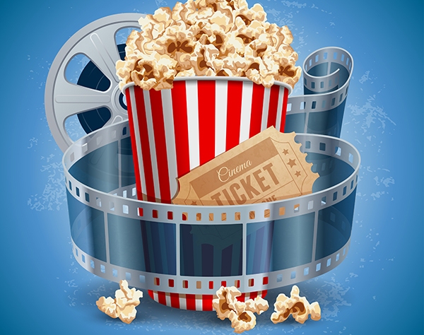 Movie Film Strip with bucket of popcorn