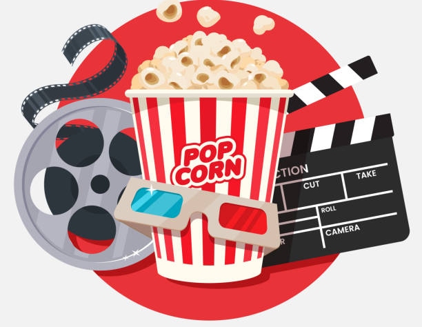 Movie, film reels, 3D eyeglasses, movie clap board