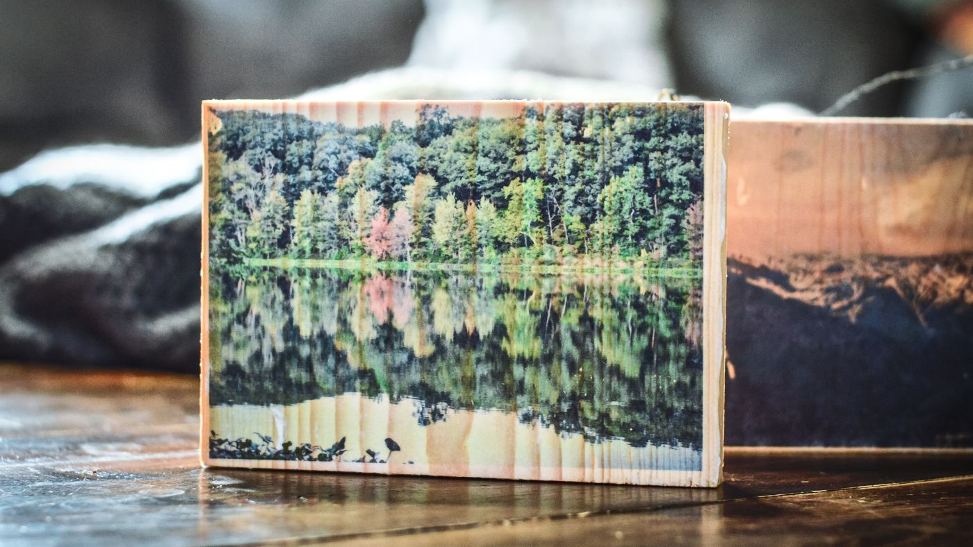 an outdoor photograph that has been transferred to a block of wood