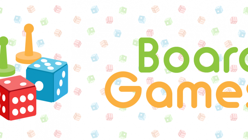 dice and game markers with BOARD GAMES title