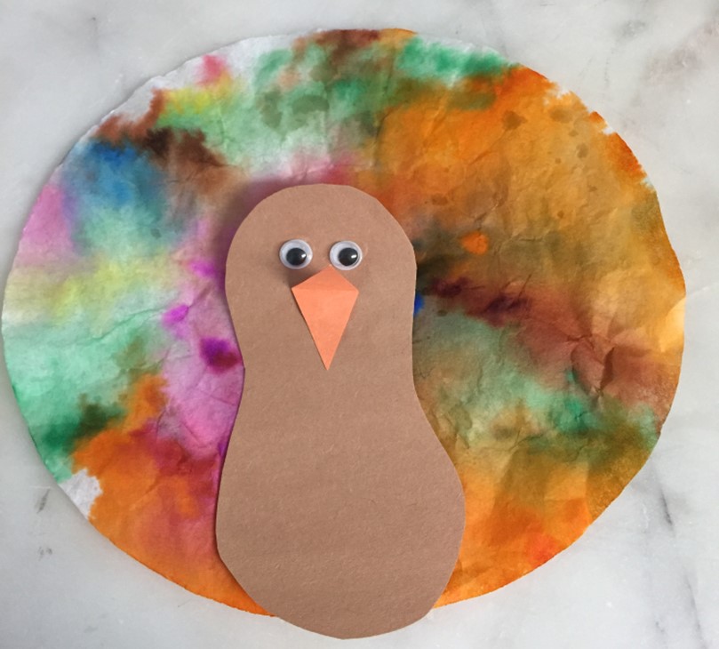 turkey craft made with construction paper and a painted coffee filter