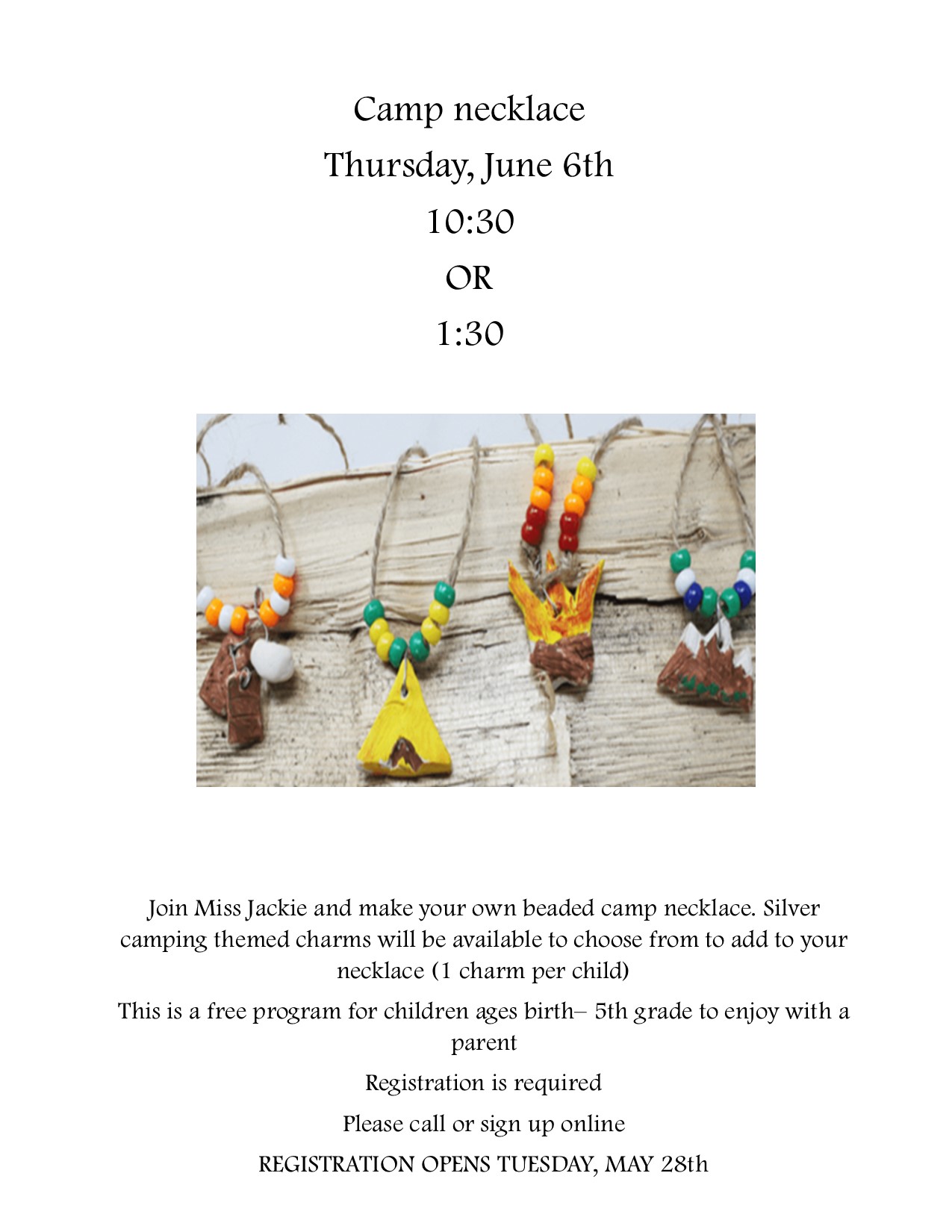 camp necklace craft june 6Painted rocks june 13th 2024 at 10:30 or 1:30. ages birth to 5th grade. registration opens may 28