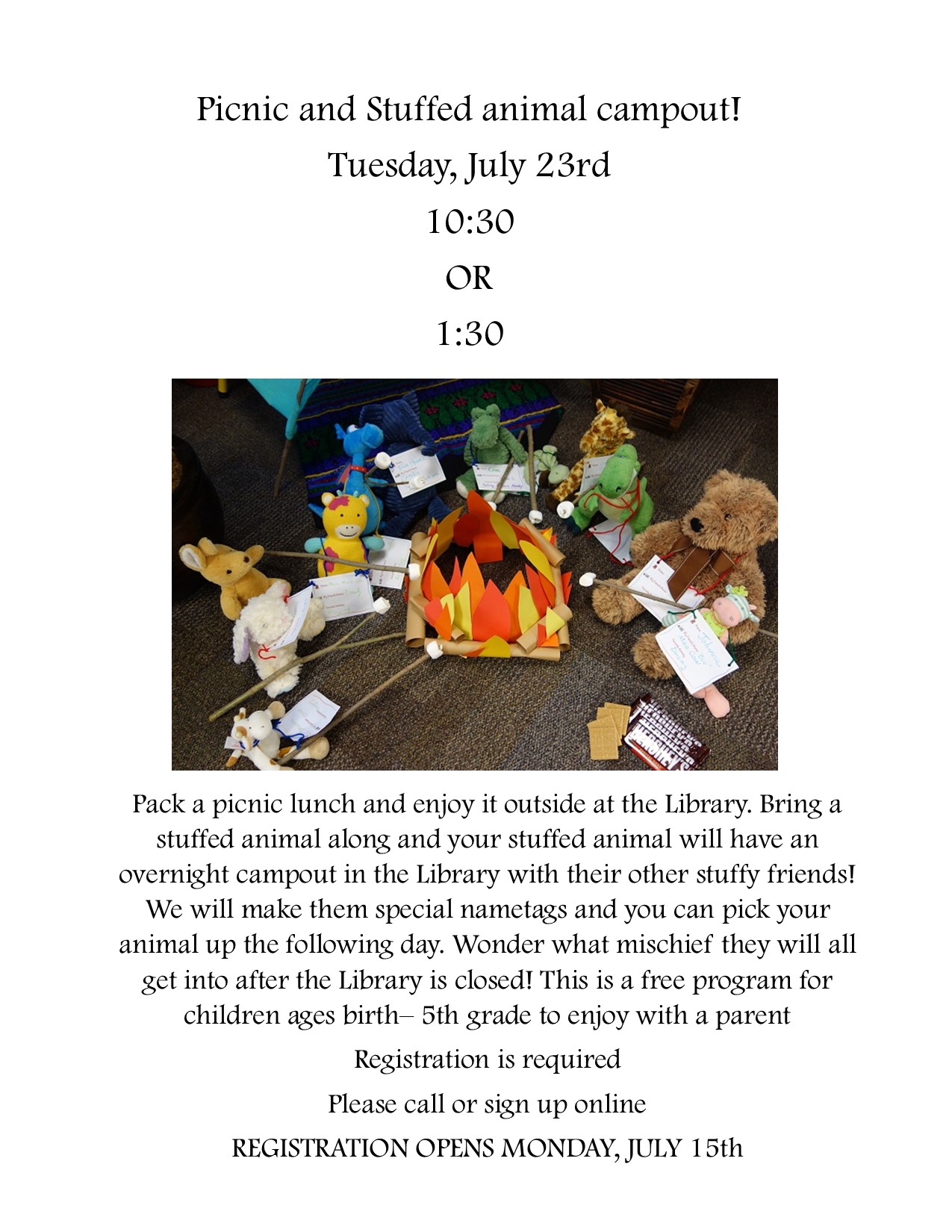 picnic and stuffed animal campout July 23 2024 at 10:30 or 1:30. Ages birth to 5th grade. registration opens july 15.
