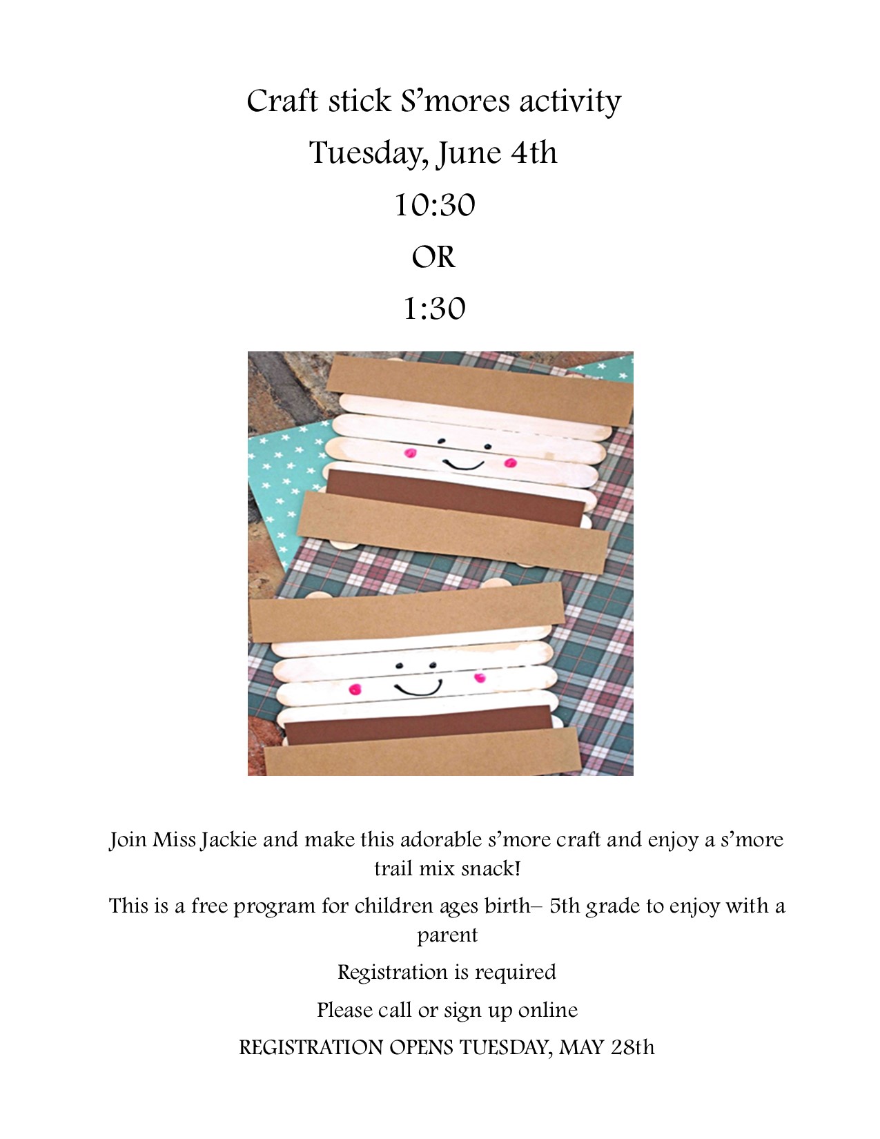 craft stick smores craft june 4Painted rocks june 13th 2024 at 10:30 or 1:30. ages birth to 5th grade. registration opens may 28