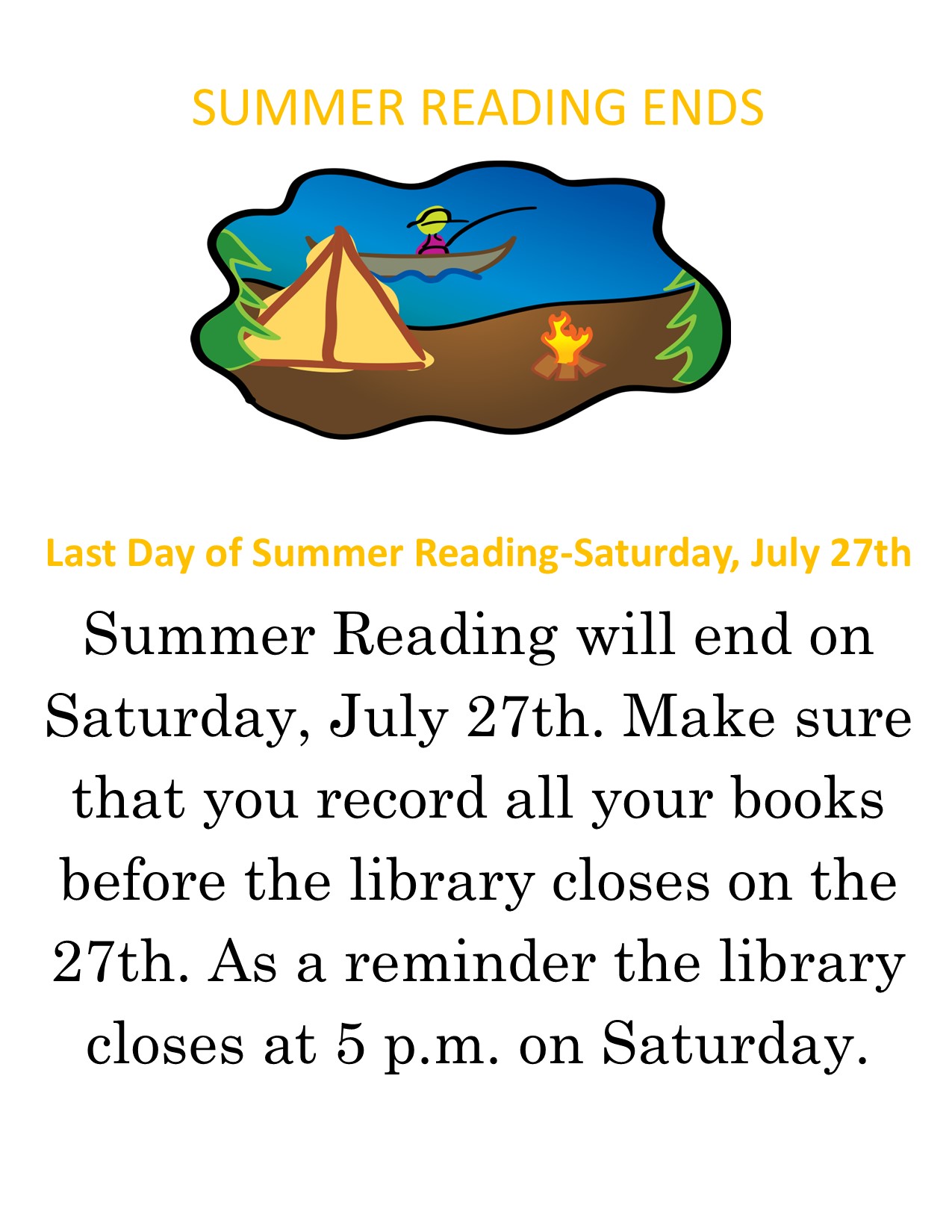 Summer Reading ends July 27 2024. Make sure you log your books before the library closes at 5pm the 27th.