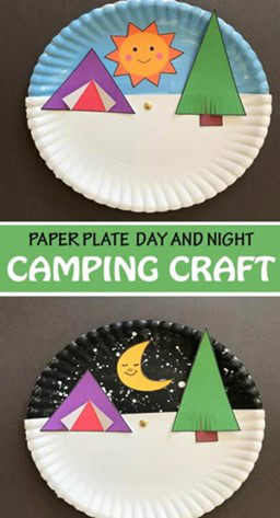 camping craft; paper plates decorated with day and night camping scenes