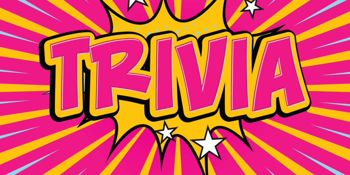 Pink and yellow trivia sign with an explosive design