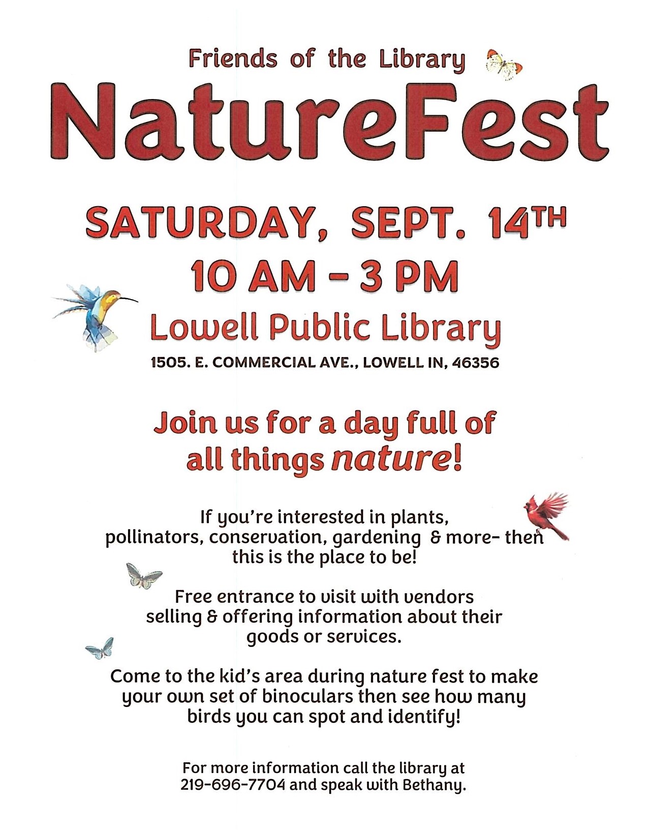 Nature Fest flyer; call Bethany at the library for information; 219-696-7704