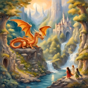 mikeydred-ai-generated-8317505_1280-mirror-image peaceful dragon and three children with a river and waterfalls between them; castle in the distance