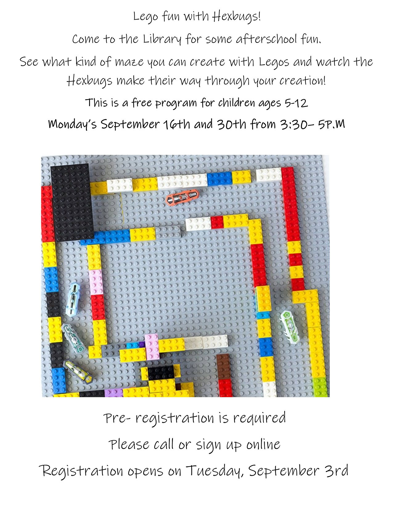 fun with lego hexbugs for kids ages 5-12 september 16 and 30 2024 from 3:30 to 5pm. Registration is required and opens on September 3