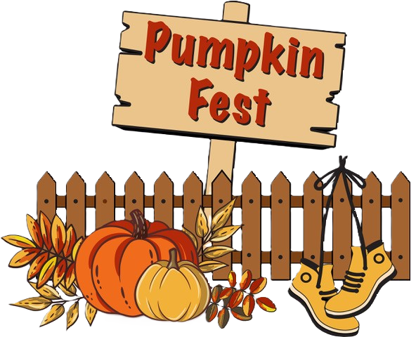 picket fence with a sign that says Pumpkin Fest. Pumpkins and fall leaves