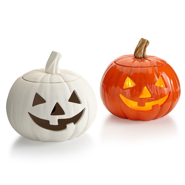 2 pumpkins, 1 white 1 orange