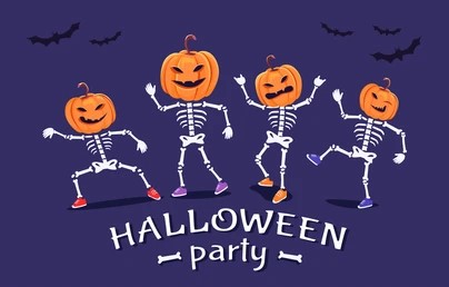 cartoon skeletons with jack-o-lantern heads dancing; halloween party