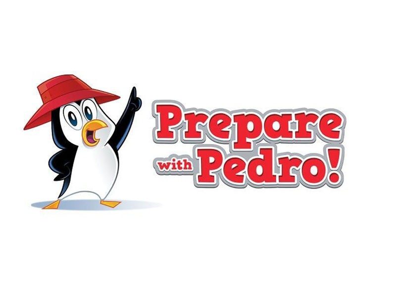 Cartoon penguin wearing a rain hat next to the title Prepare with Pedro