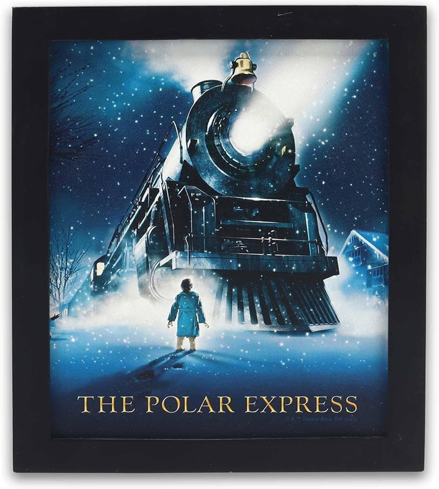 The Polar Express movie cover; computer animated train engine in the snow with a boy in his robe standing by it