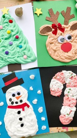 Childs painting with puffy paint Christmas Tree, Reindeer, Snowman and Candy Cane