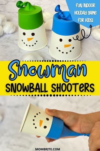 craft of snowman snowball shooters made with paper cups, balloons, and cotton balls