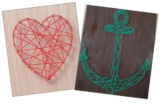 Two square pieces of wood. The left has a heart shape with red string filling the inside. The right has an anchor shape with green string filling the inside.