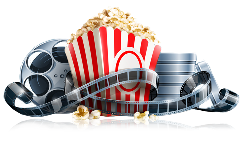 animated picture of old movie reels and a bucket of popcorn