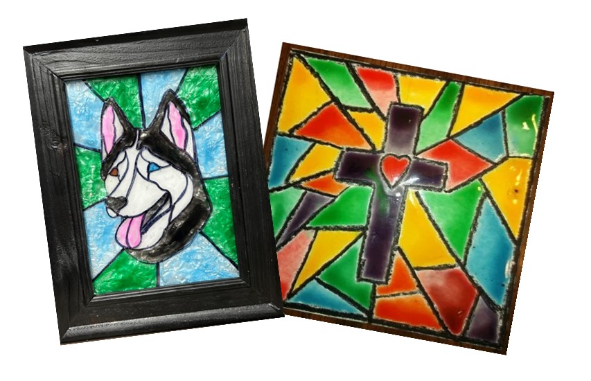 Two stained glass art photos. The left one is of a husky with blue and green background, the right is of a cross with a heart in the center.