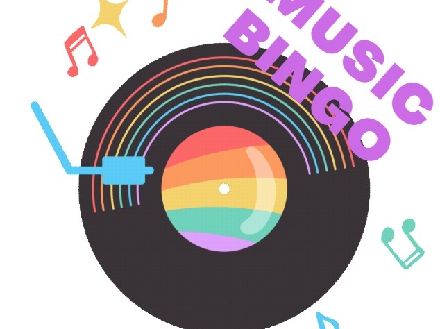 A record spinning on a record player with colorful music notes and the words "MUSIC BINGO"