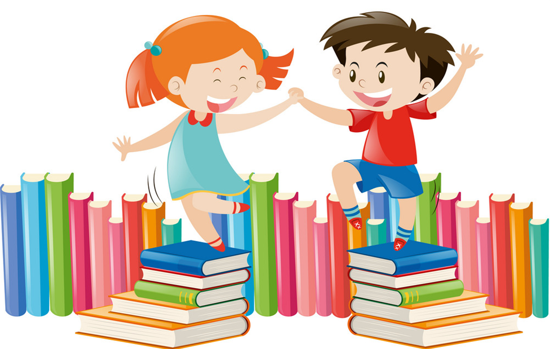 animated children dancing on stacks of books