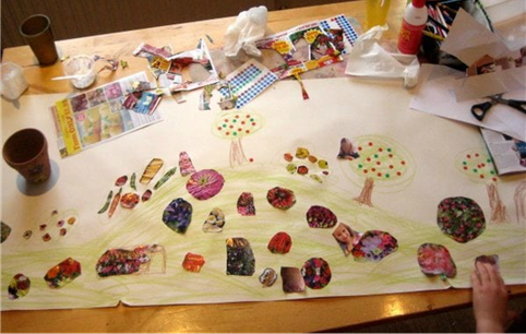 Paper collage using magazine page scraps