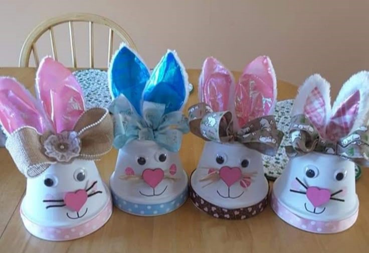 Easter bunnies made using a flower pot and fabric for ears and bow