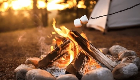 Two marshmallows on a roasting stick being held over a teepee style campfire.