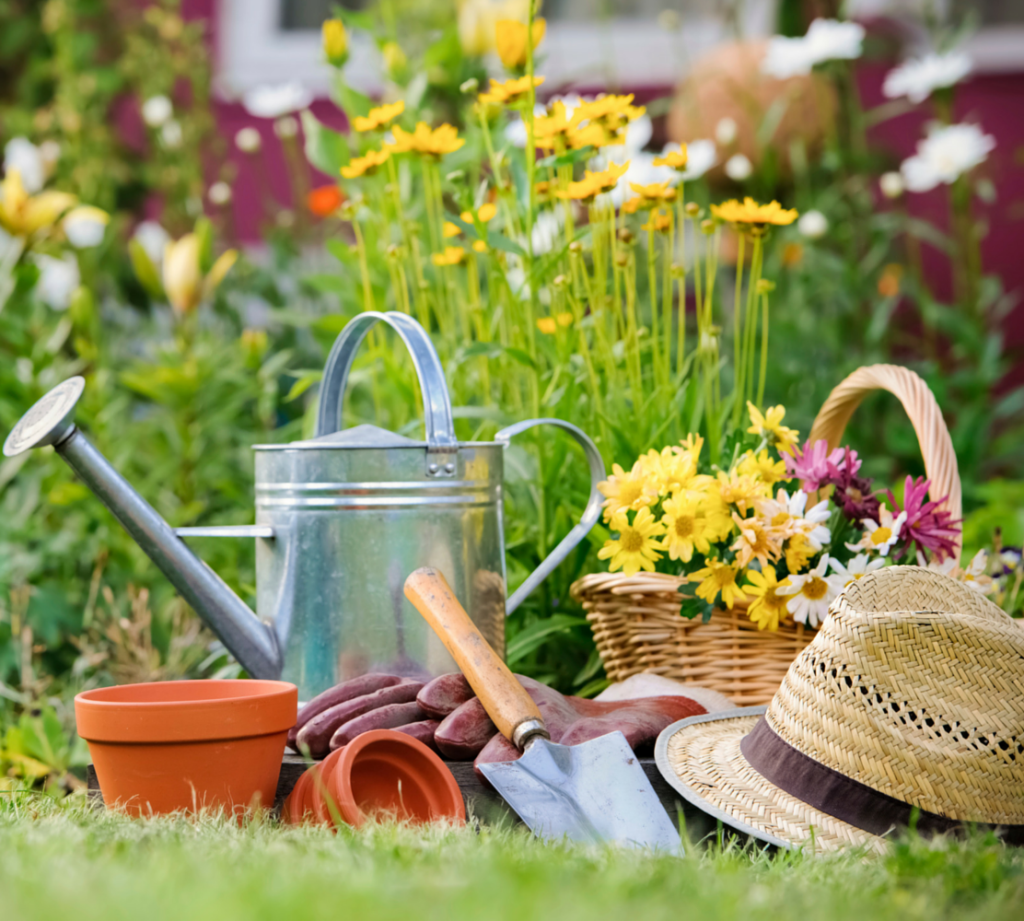Garden supplies - watering can, pot, trowel, basket of flowers, hat