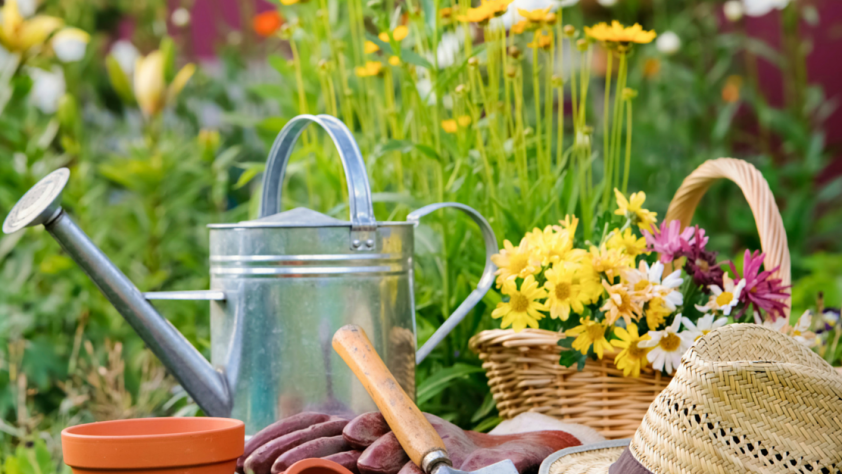 Garden supplies - watering can, pot, trowel, basket of flowers, hat