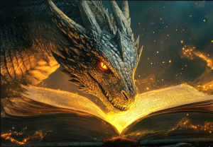 dragon with book Dragon's head looking into opened book with flames coming from sides.