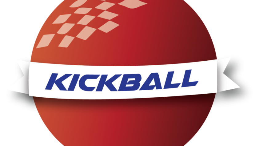 Red playground ball with white banner and blue letters spelling "KICKBALL".