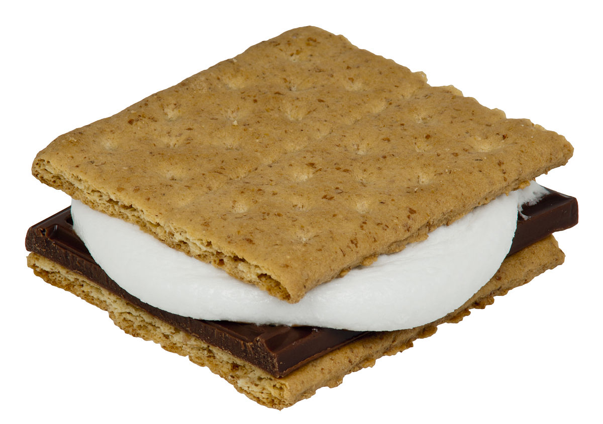 Smores made with chocolate bar pieces and a nelted marshmallow between 2 graham crackers