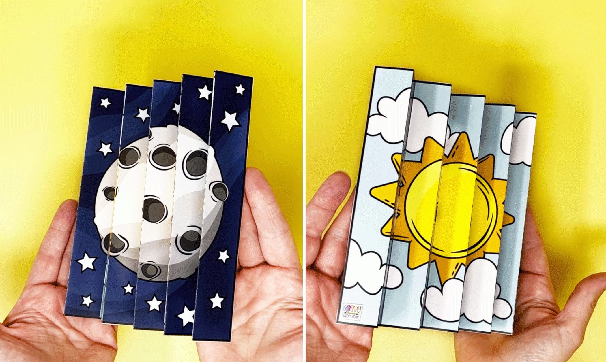 Hands holding two pictures - one is a moon and stars and the other is the sun with clouds