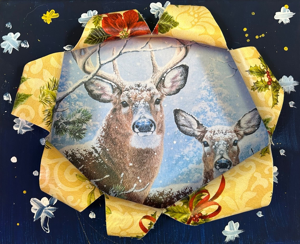 A male & a female deer in a snowy area, with a navy blue border