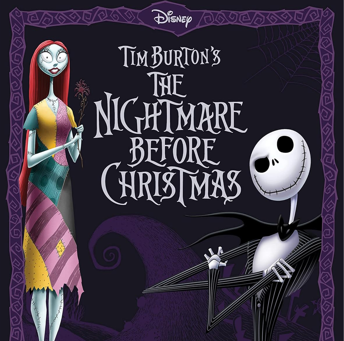 title of Nightmare before christmas with two of the characters. Jack skeleton and Sally