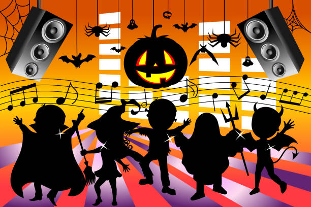 shadow characters dancing under a jack o lantern, music notes and speakers