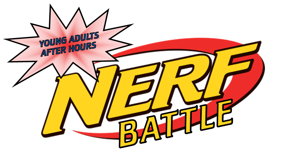 "Young Adults After Hours" in navy letters in the center of a red explosion shape. Beneath it the words "NERF BATTLE" in yellow-gold font.