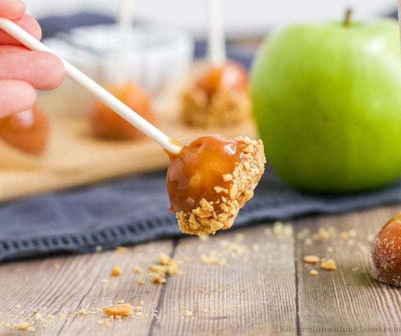 caramel apple pieces on toothpicks