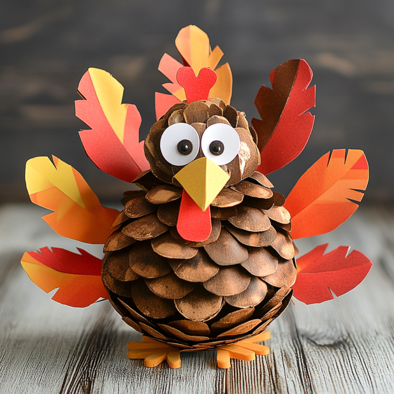 turkey made by using a pinecone and paper for face and feathers