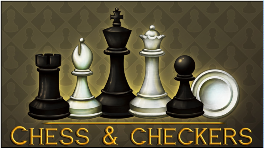 5 chess pieces and a white checker above the words " Chess & Checkers"