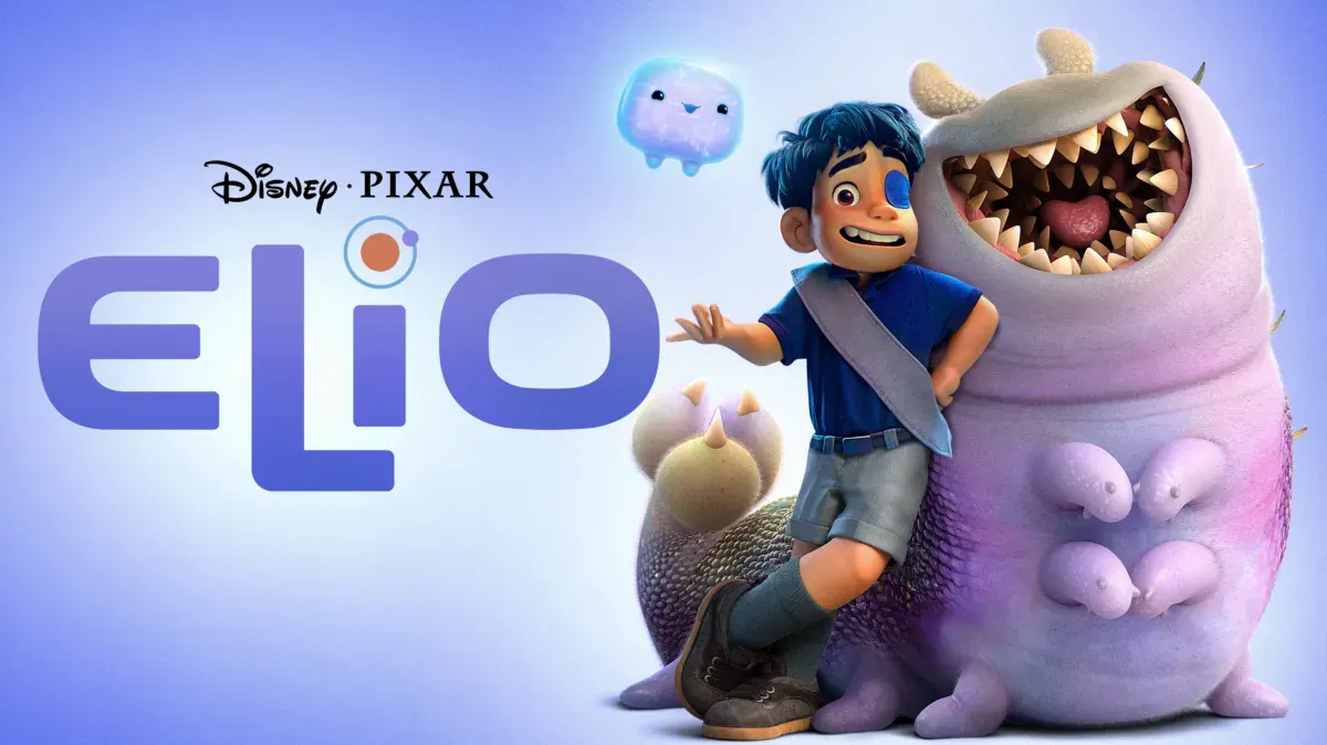 Animated boy with eye patch leaning against a caterpillar looking alien